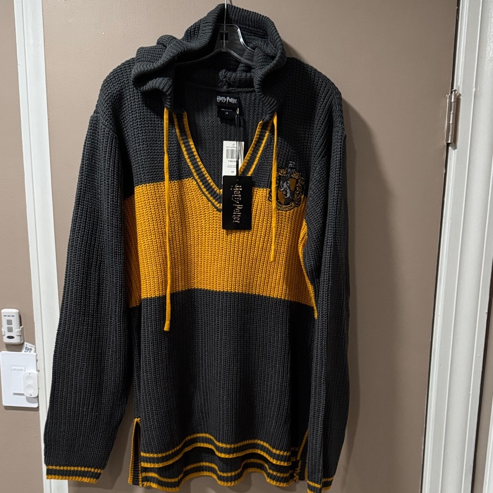 Bioworld Grey and Gold V-Neck Harry Potter Hufflepuff Hooded Sweater
